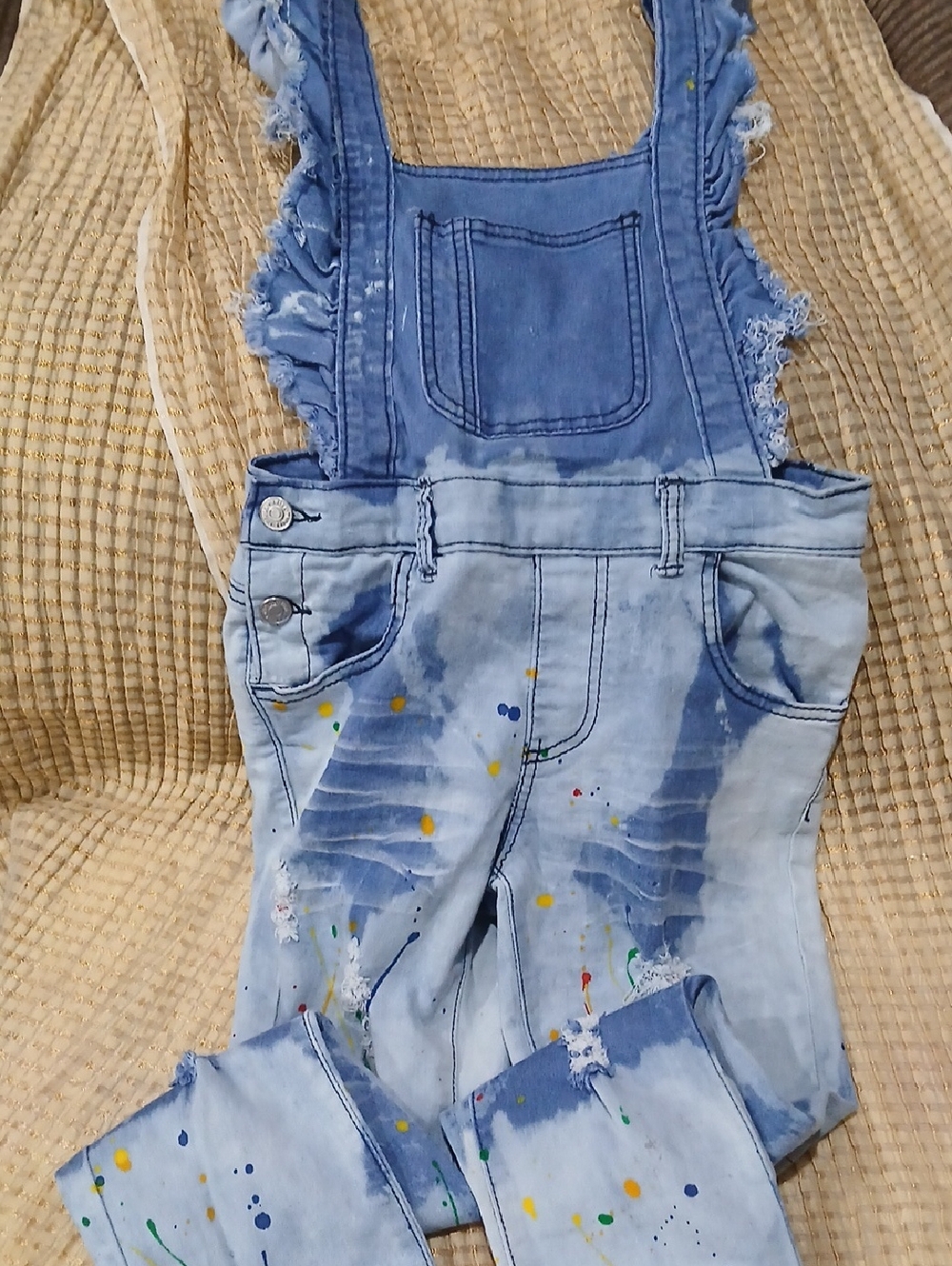 Light Wash Denim Overalls with Paint Splatter